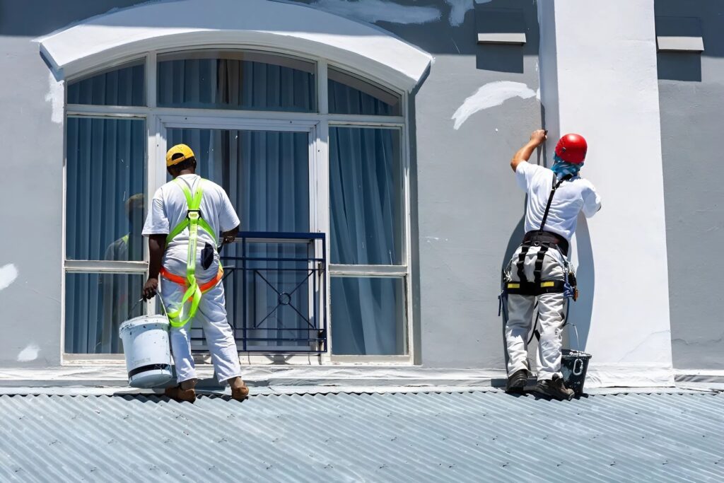 Professional commercial painter in College Grove, TN applying exterior coating