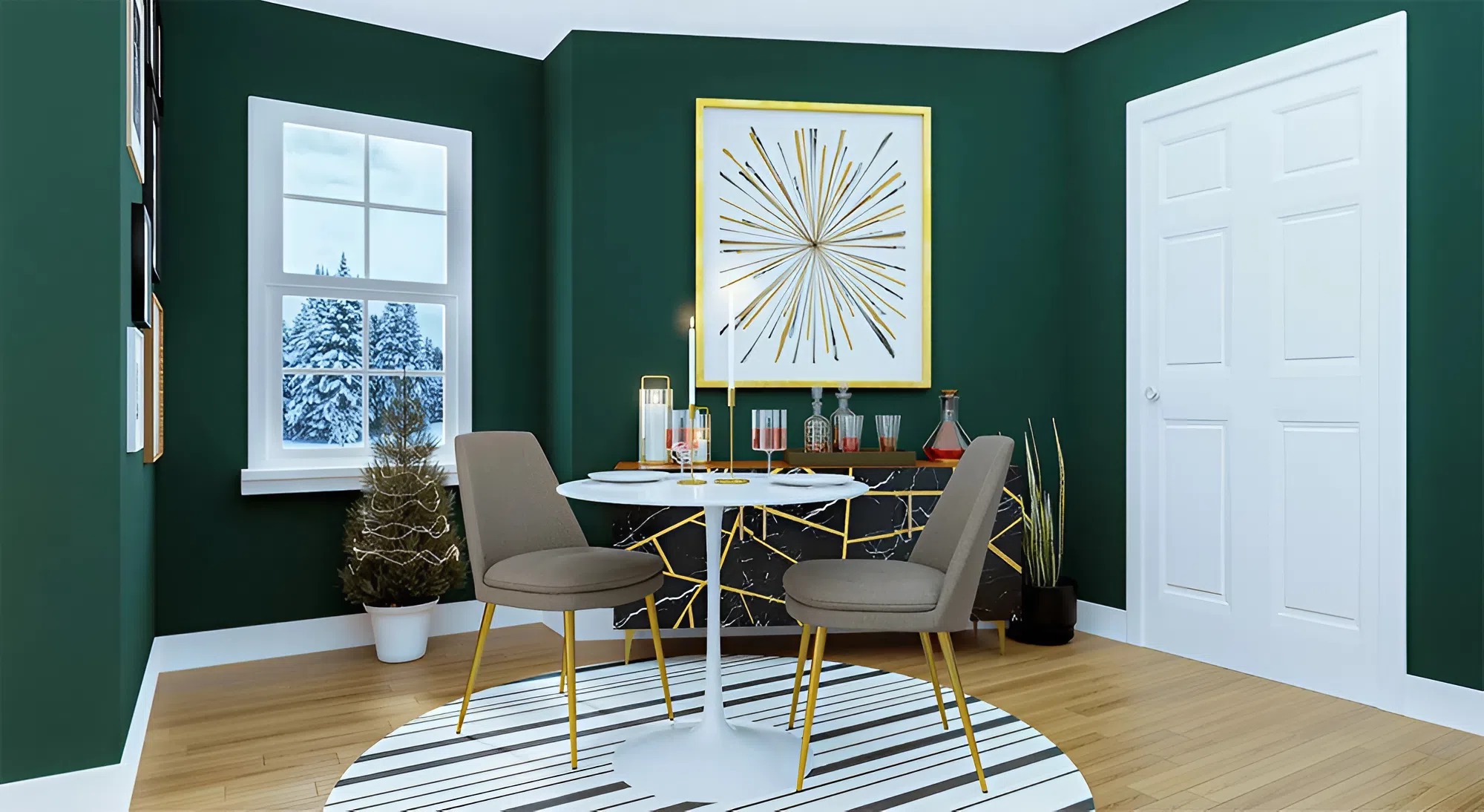Festive interior with deep green walls and white trim painted by an interior painter in Brentwood, TN