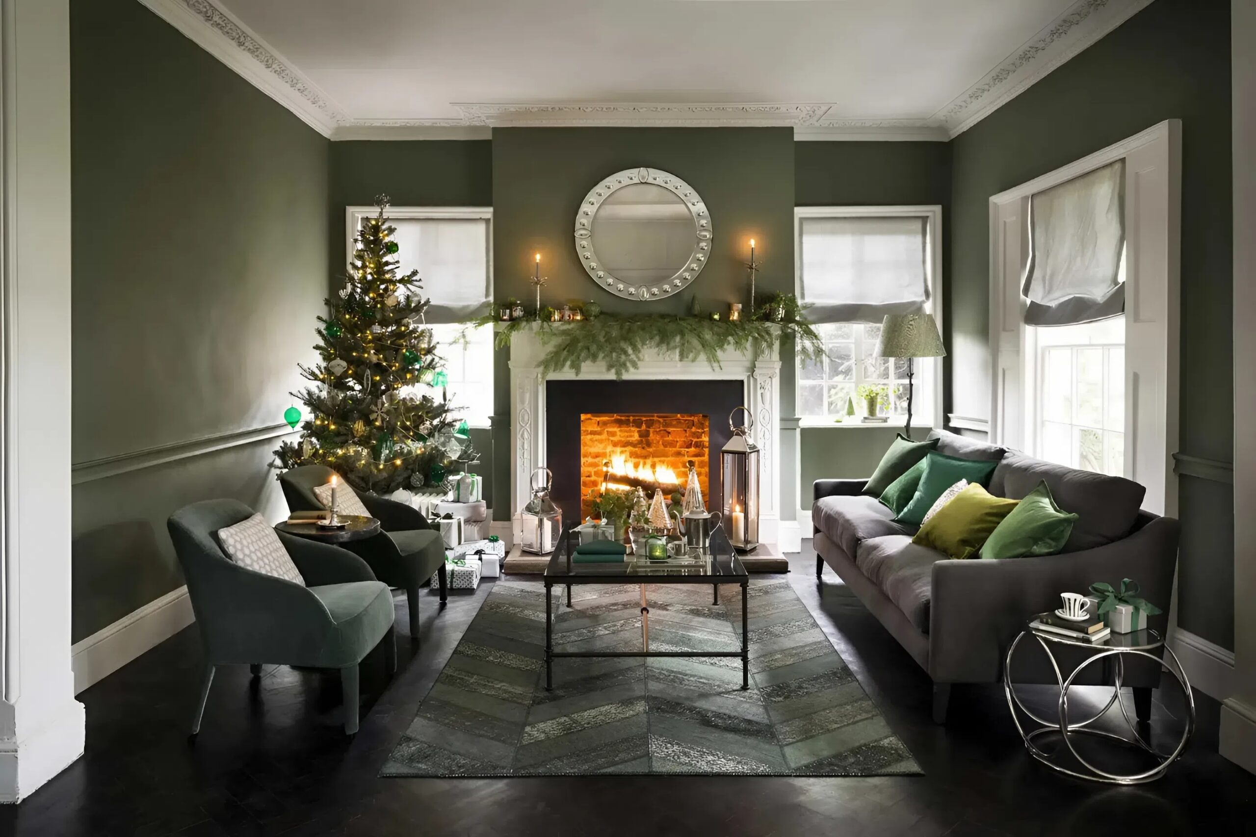 Living room with smooth green painted walls, white trim, and holiday décor by a painter in Belle Meade, TN